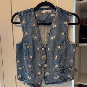Mango Blue Denim Vest with White Floral Embroidery